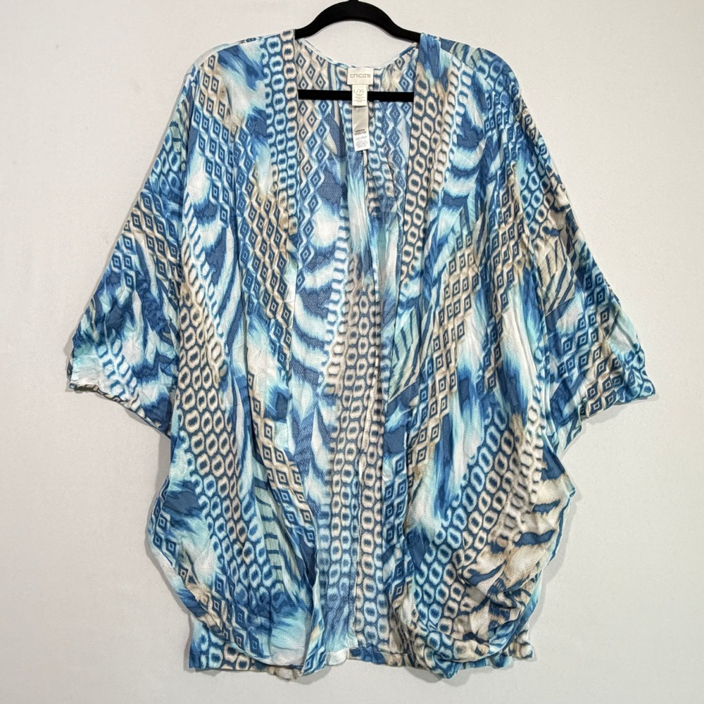 Chico's Kimono Wrap Women's L/XL Blue Geometric Ikat Print Dolman Open Cardigan